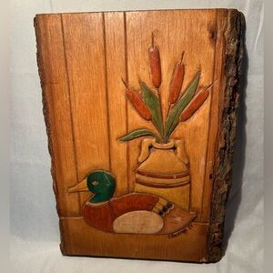 VTG Hand-carved wooden wall plaque featuring a mallard duck and cattails rustic